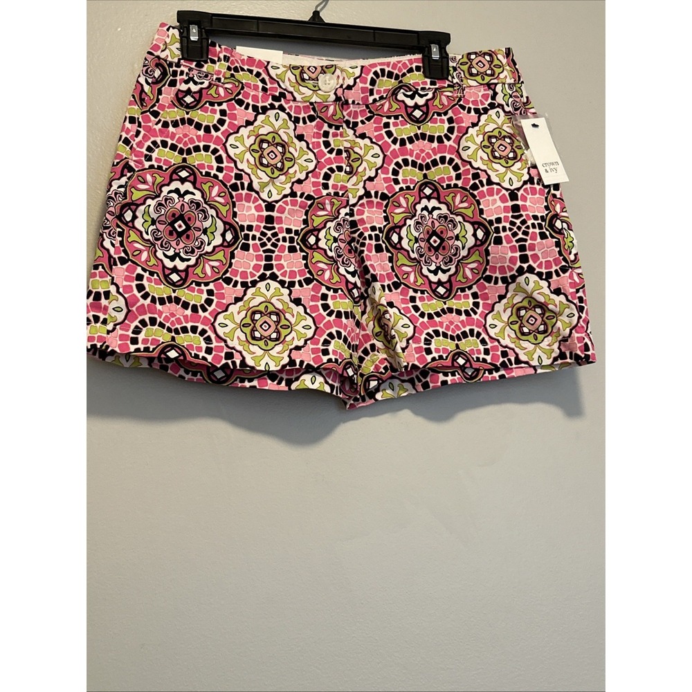 Crown & Ivy Shorts Womens 8 Pink Green Floral Aztec Mosaic Chino New